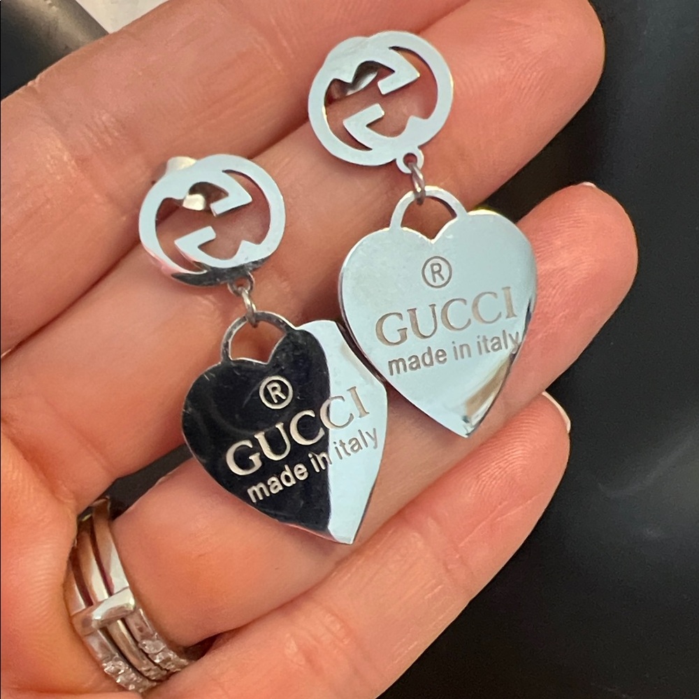 Gucci Silver Heart Logo Drop Earrings - Picture 2 of 4